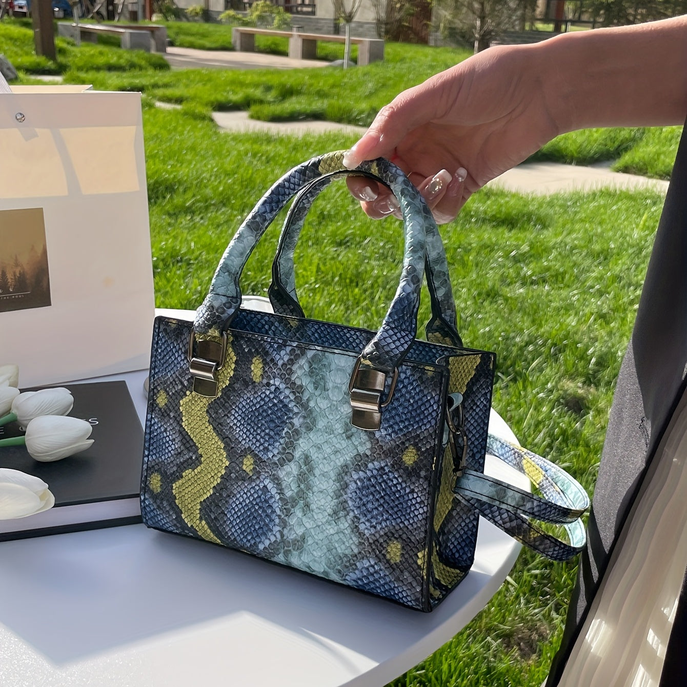 Snake Pattern Tote Bag Faux Leather Shoulder Bag