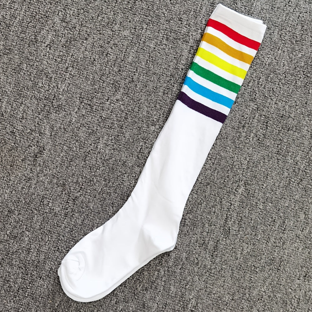 Rainbow Striped Calf Socks Harajuku College Style Knee High Socks Women