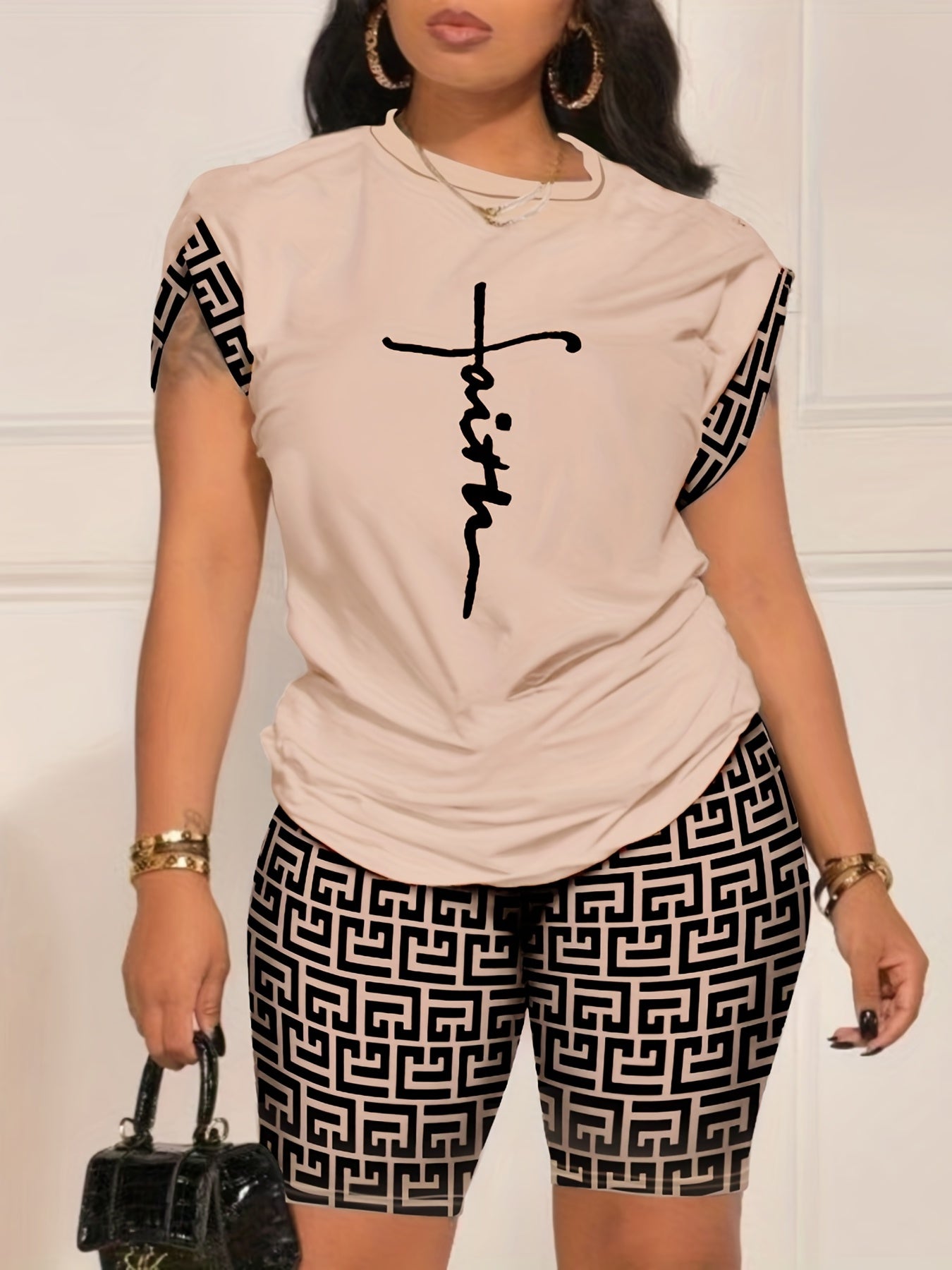 Geo Print Two piece Set Short Sleeve T shirt & Biker Shorts