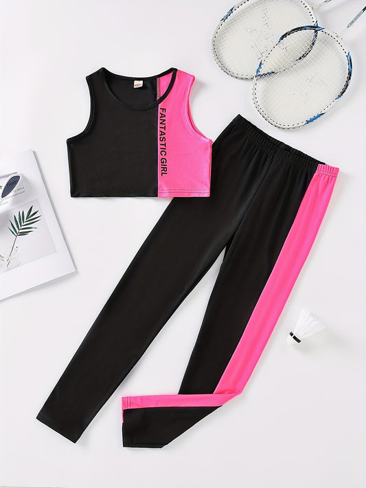 Girls Activewear Letter Block Stitching Sports Tank Top & Sweat Pants Set