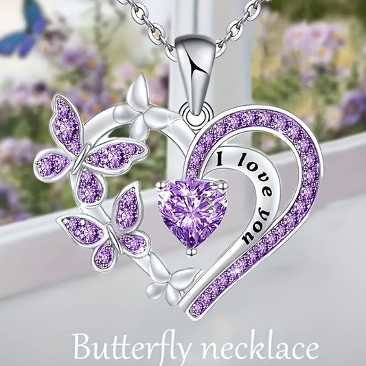 Glitter Purple Silver Heart Butterfly Pendant Necklace