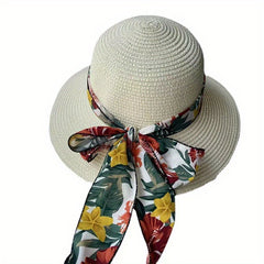 Wide Brim Sun Hat Flower Print Ribbon Bowknot Decor Travel Beach Hats UV Protect