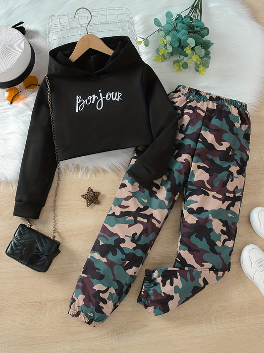 Girls 'Bonjour' Print Hooded Sweatshirt & Camo Cargo Pants Set