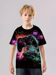 Game Console Pattern T Shirt for Kids Street Style Short Sleeve Top