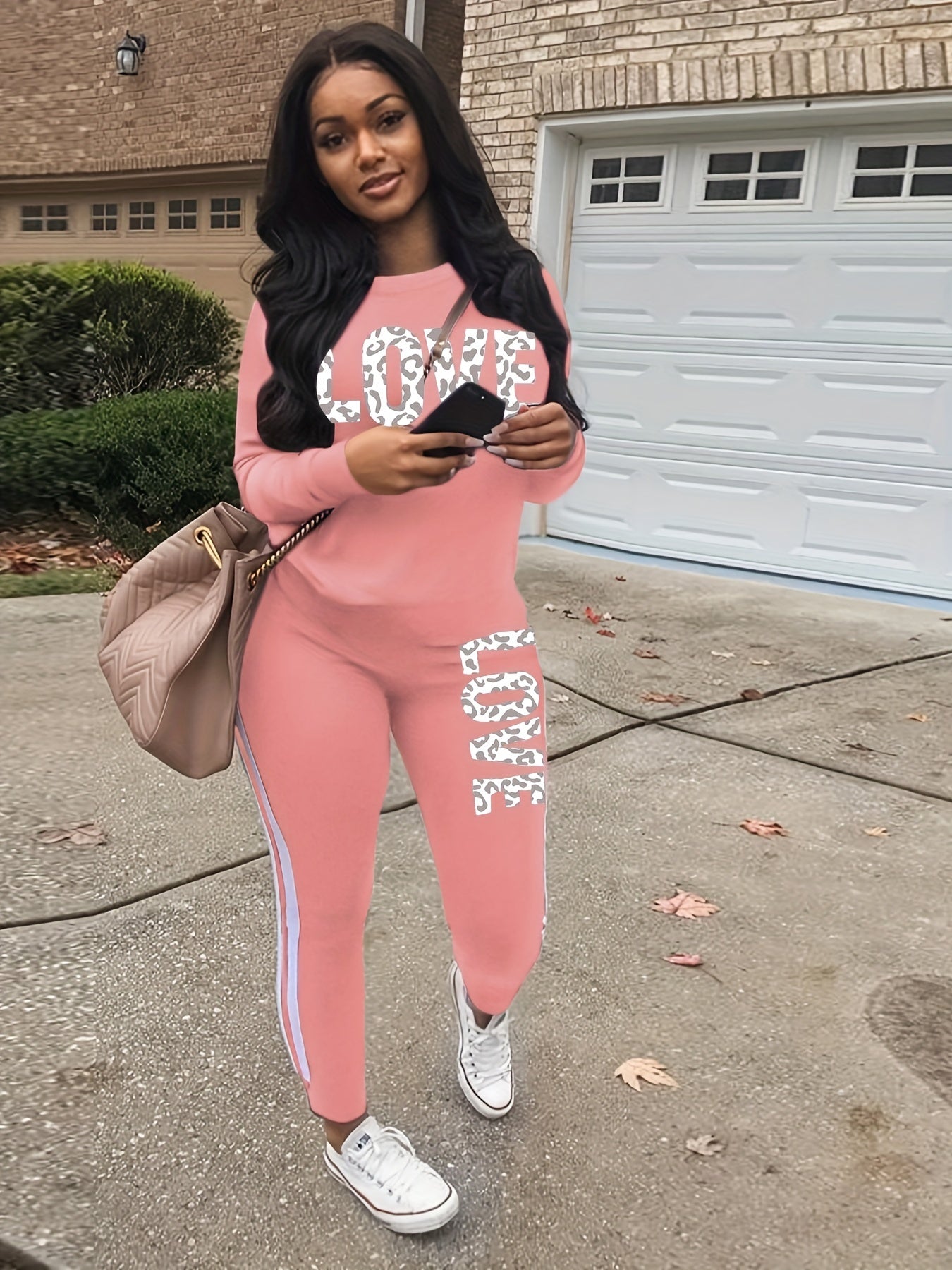  Leopard Print Pullover & Striped Pants Two Piece Set