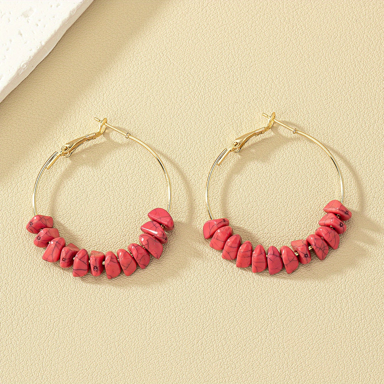 Red Coral Acrylic Round Earrings 14K Plated