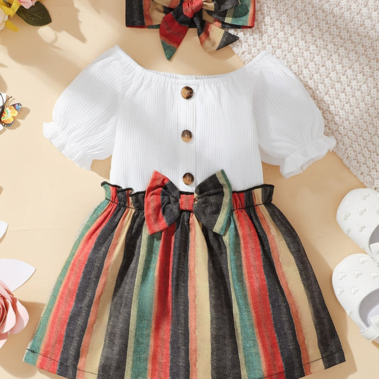 2pcs Baby Girls Striped Dress & Headband Set