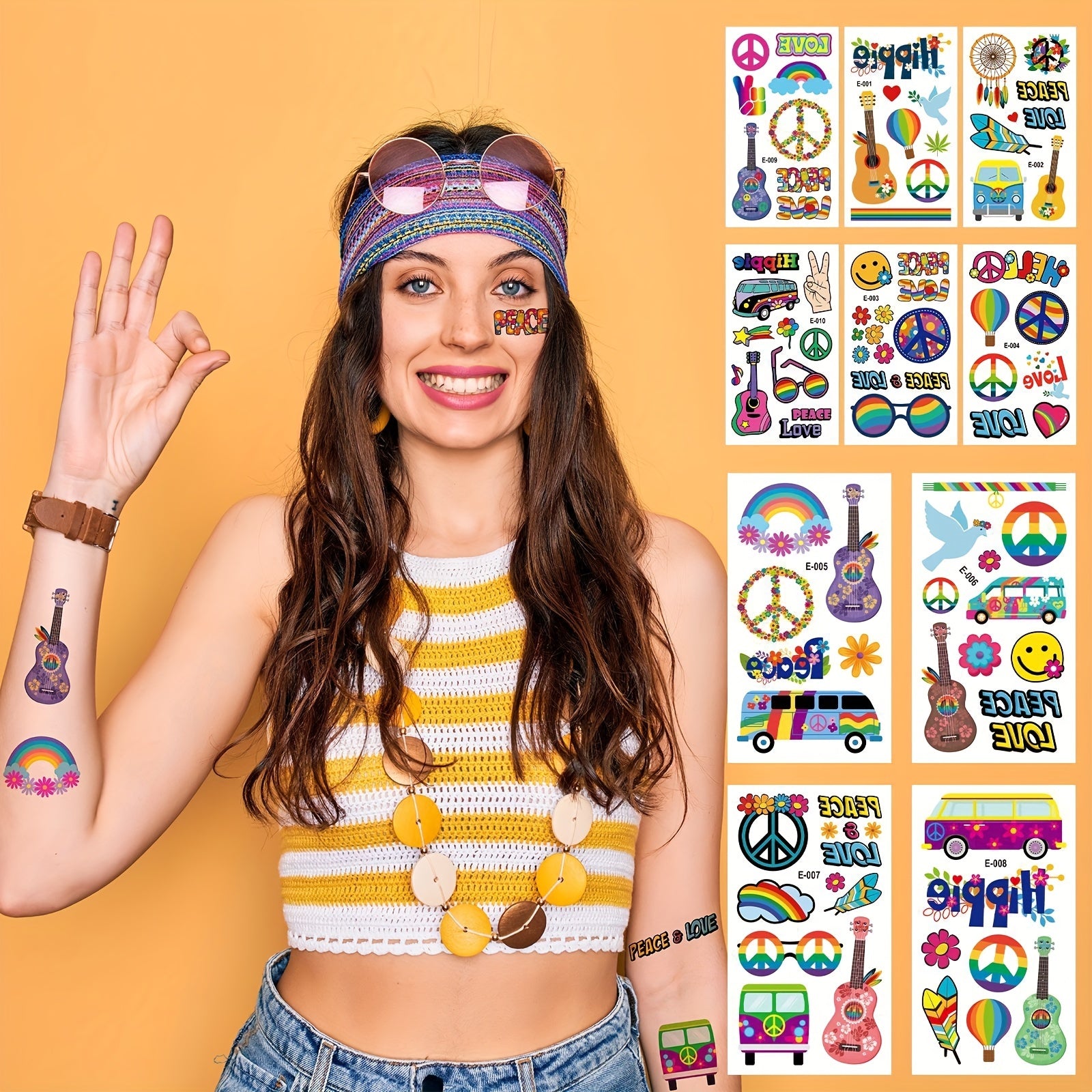 Hippie Waterproof Tattoo Stickers - Temporary Tattoos for Adults and Children