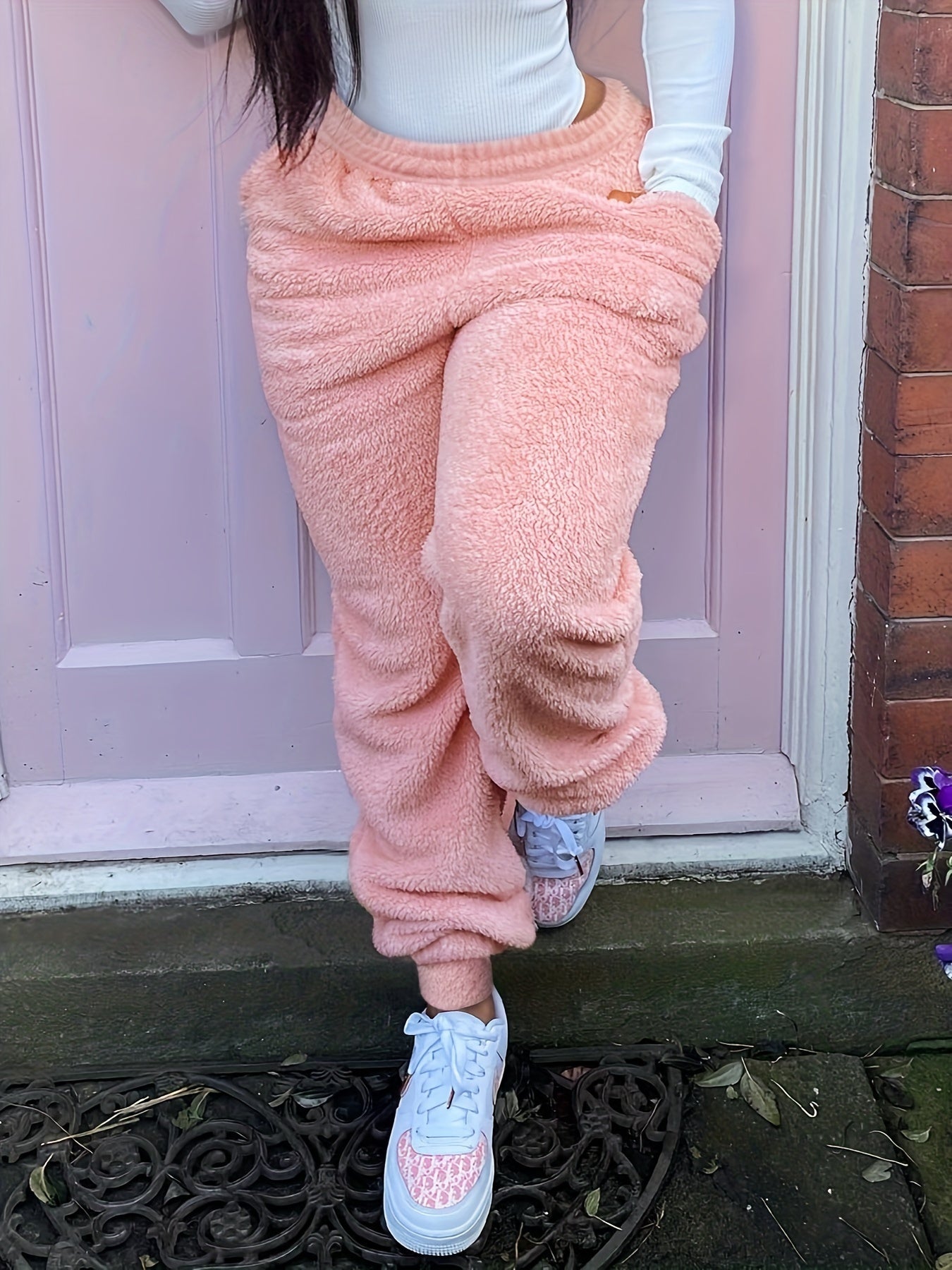  Solid Fleece High Rise Jogger Trousers