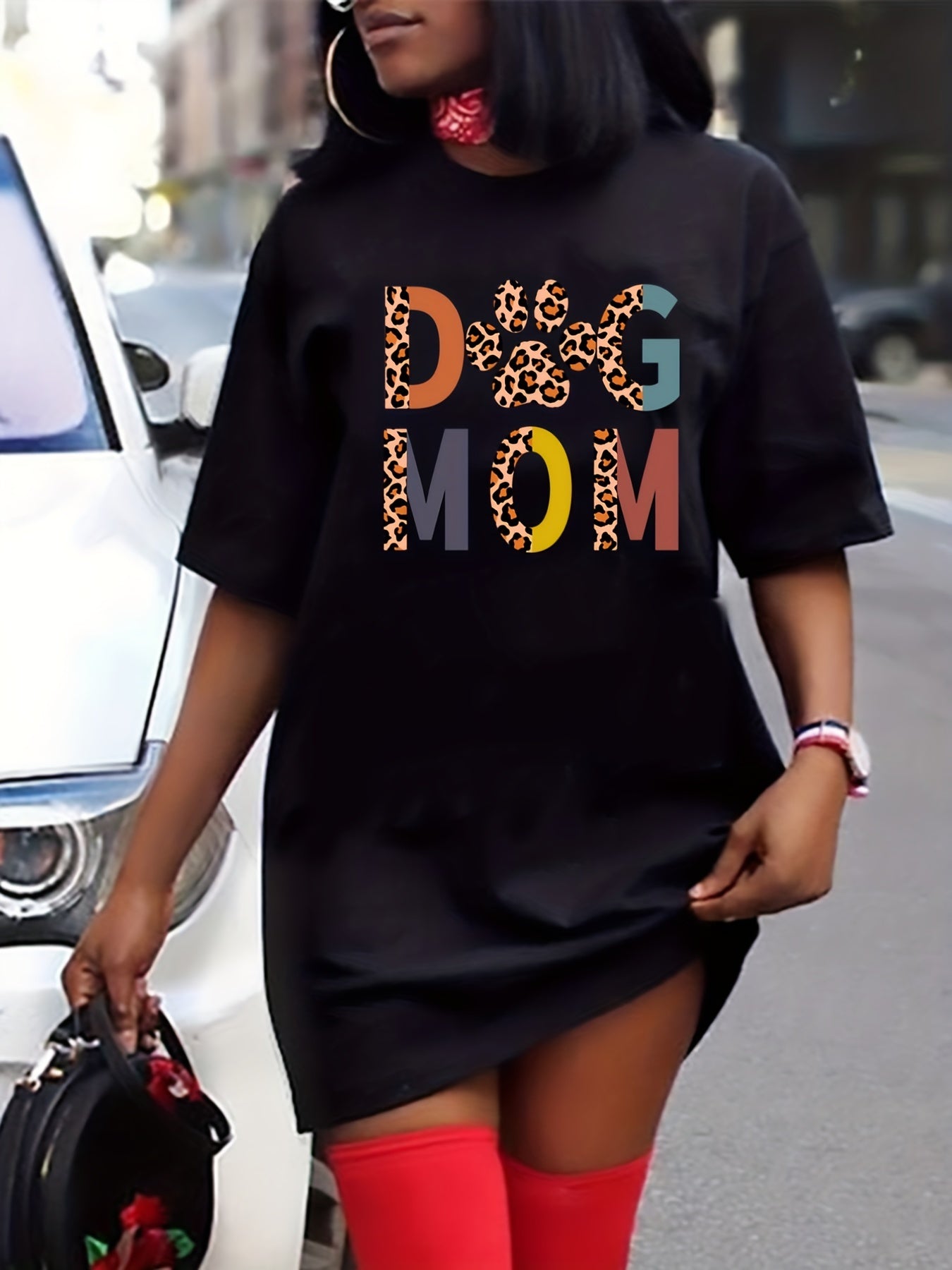  Colorblock Leopard Print Round Neck Dress