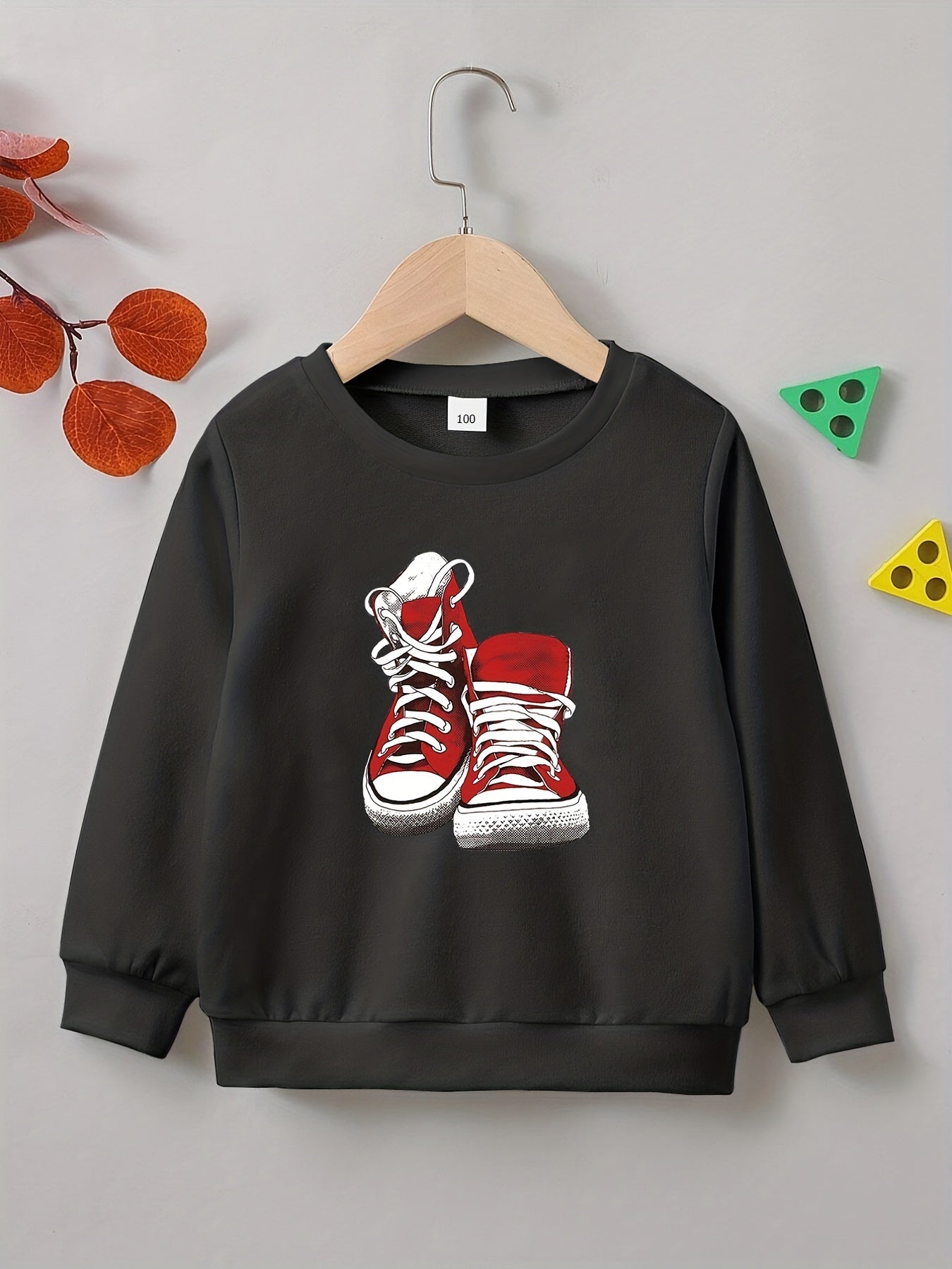 Canvas Shoes Print Boys Casual Pullover Sweatshirt Long Sleeve Crew Neck Tops