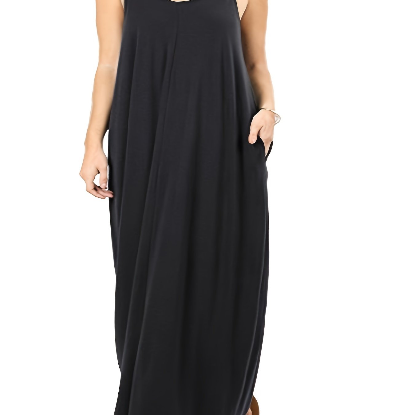  Plain Round Neck Maxi Dress With Pockets