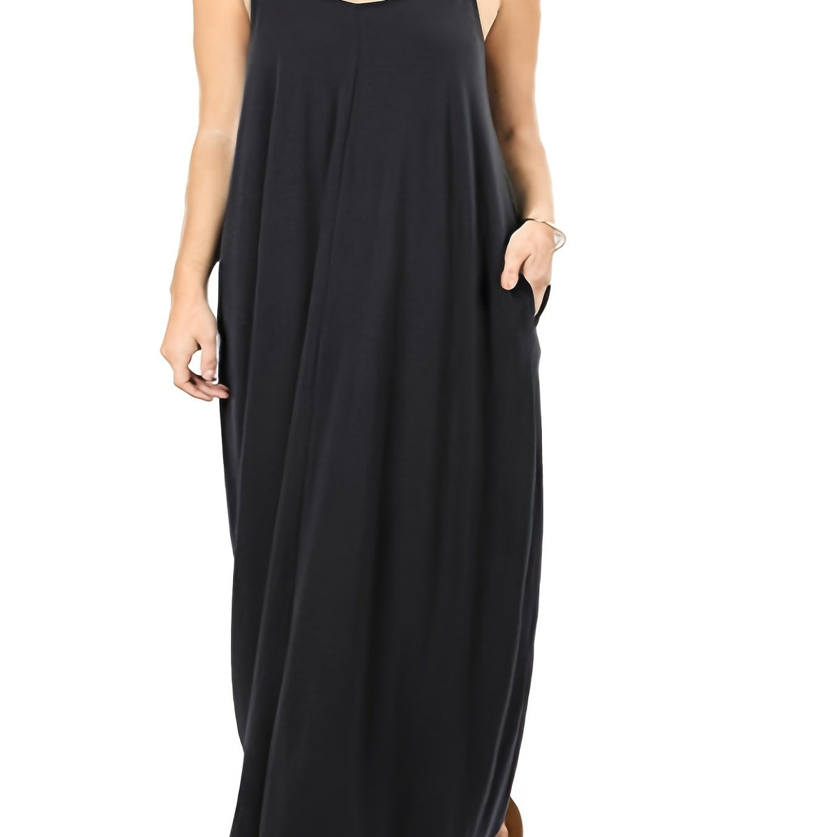  Plain Round Neck Maxi Dress With Pockets