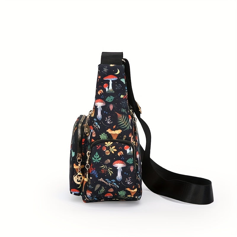 Fashionable Crossbody Handbag Floral & Mushroom Prints Adjustable Strap