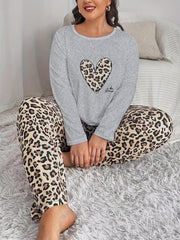  Leopard Heart Print Tee & Leopard Print Pants Pajamas Set