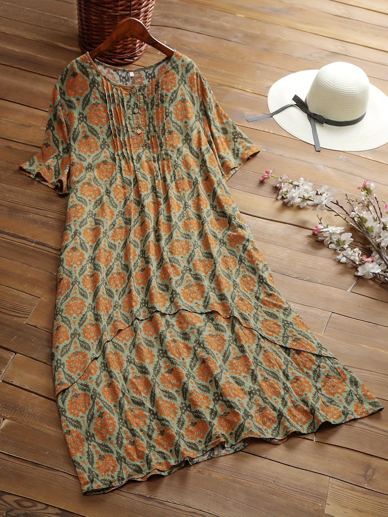  Boho Dress Women's Plus Floral Button Short Sleeve Dress