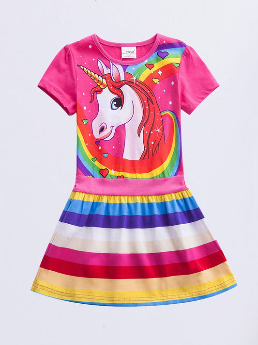 Baby Girls Unicorn Rainbow Dress Short Sleeve Cotton