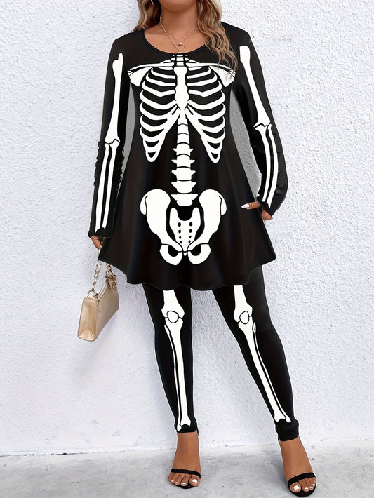 Women's Plus Skeleton Print Top & Legging Set Halloween Gothic Outfit
