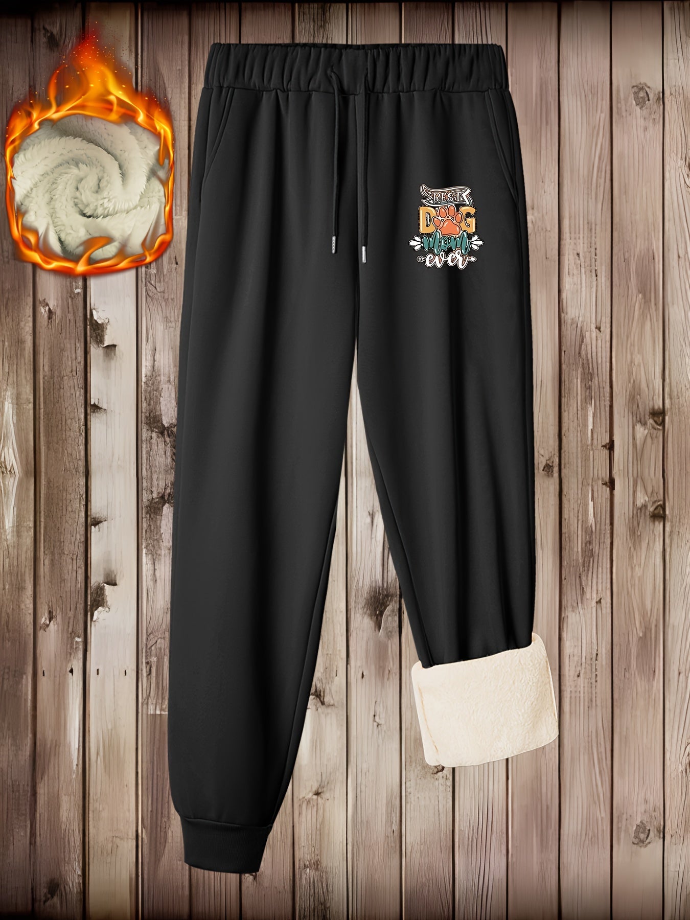  Casual Pants Women's Plus Letter & Paw Print Elastic Drawstring Fleece
