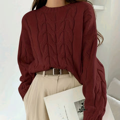  Solid Cable Long Sleeve Round Neck Sweater