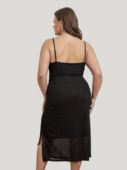  Glitter Square Neck Ruched High Split Side Cami Party Dress