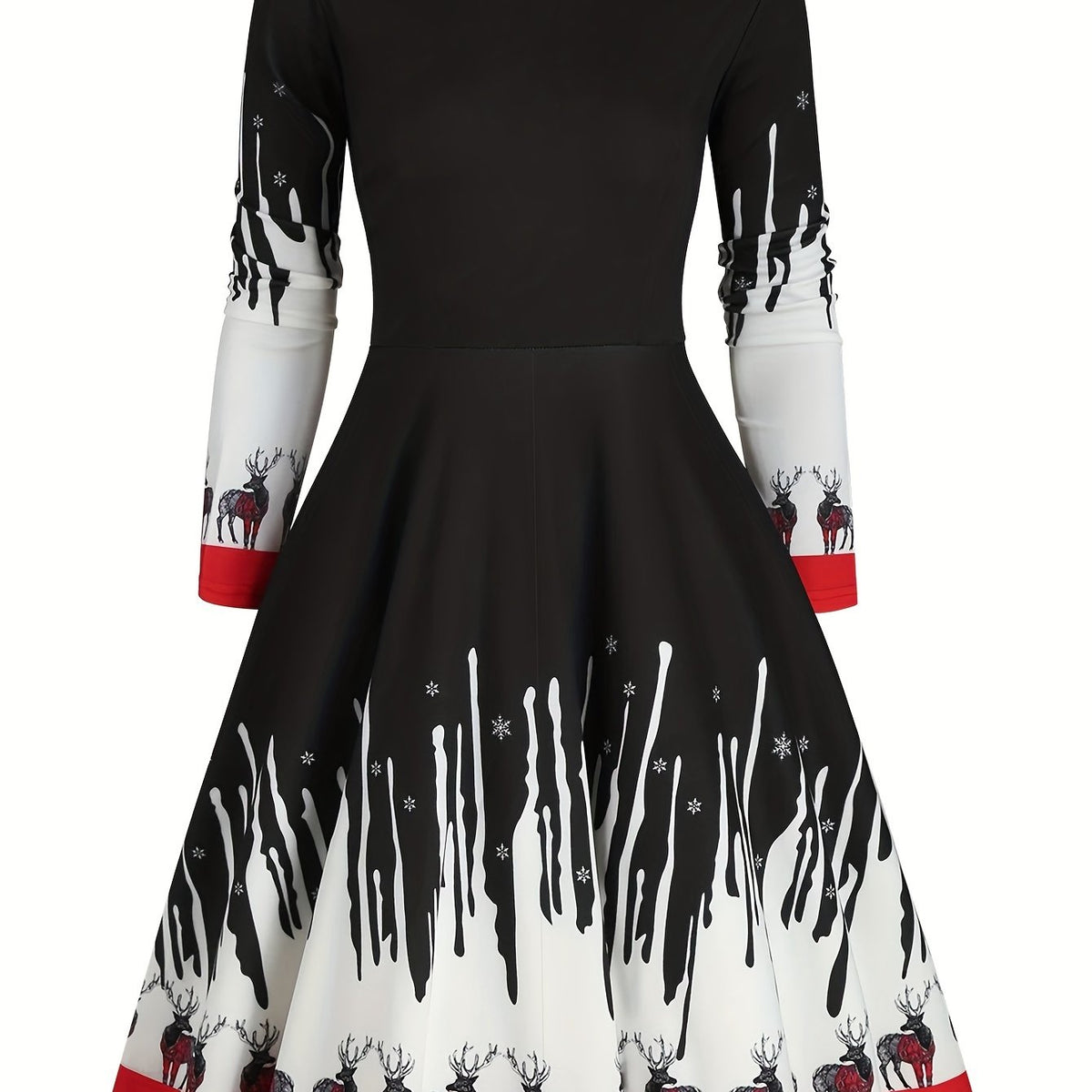  Colorblock Deer Print Round Neck Dress