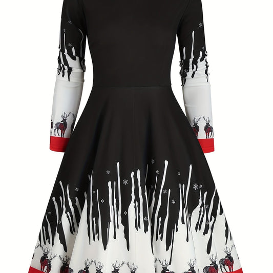  Colorblock Deer Print Round Neck Dress