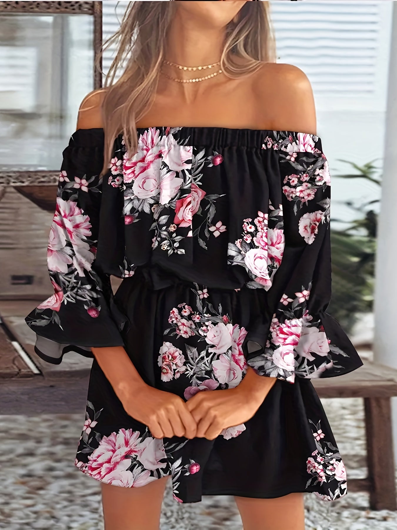 Boho Leaf Off Shoulder Dress Sexy Ruffle Sleeve Dress