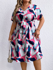  Colorblock Geometric Print V Neck Dress With Belt