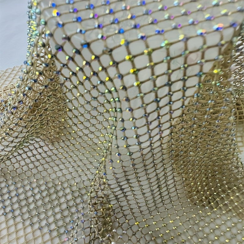 Golden Shadow Rhinestones Mesh Applique Fabric Elastic Crystal Trim