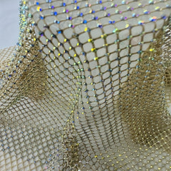 Golden Shadow Rhinestones Mesh Applique Fabric Elastic Crystal Trim