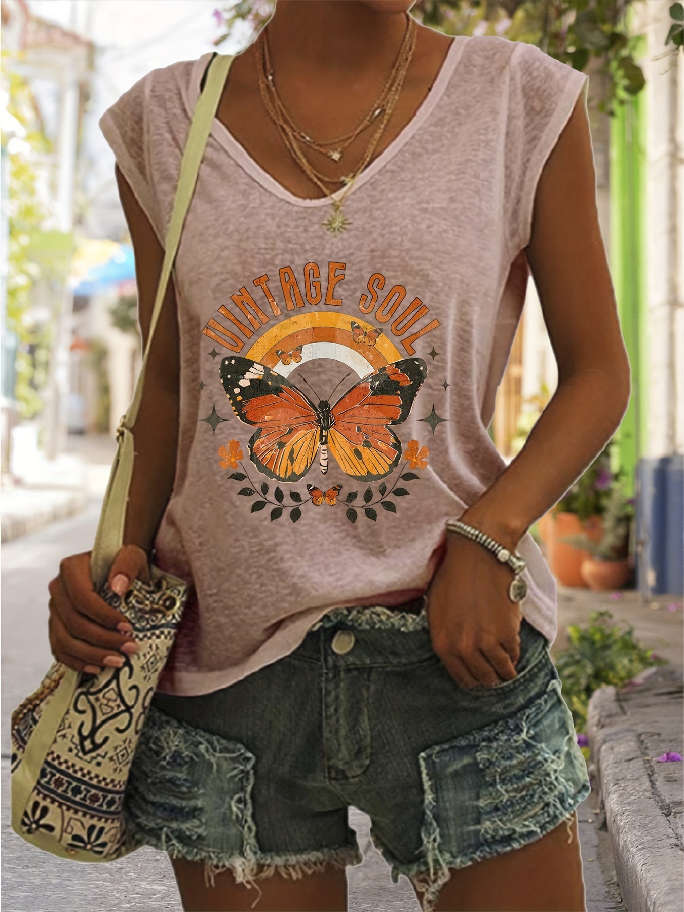 Butterfly Print Tank Top Sleeveless V Neck Casual Top