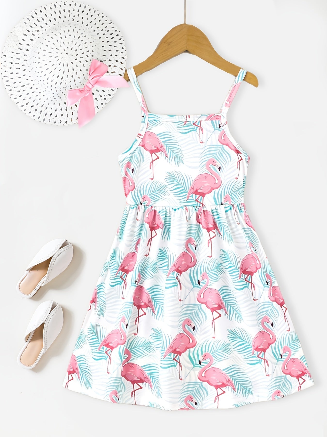 2pcs Toddler Girls Flamingo Cami Dress & Bow Straw Hat Set