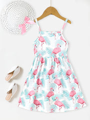 2pcs Toddler Girls Flamingo Cami Dress & Bow Straw Hat Set