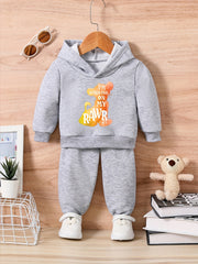 Baby Lion Letter Print Casual Outfit Long Sleeve Hoodie Trousers Set