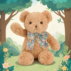 Fluffy Light Brown Teddy Bear Plush Toy with Floral Scarf