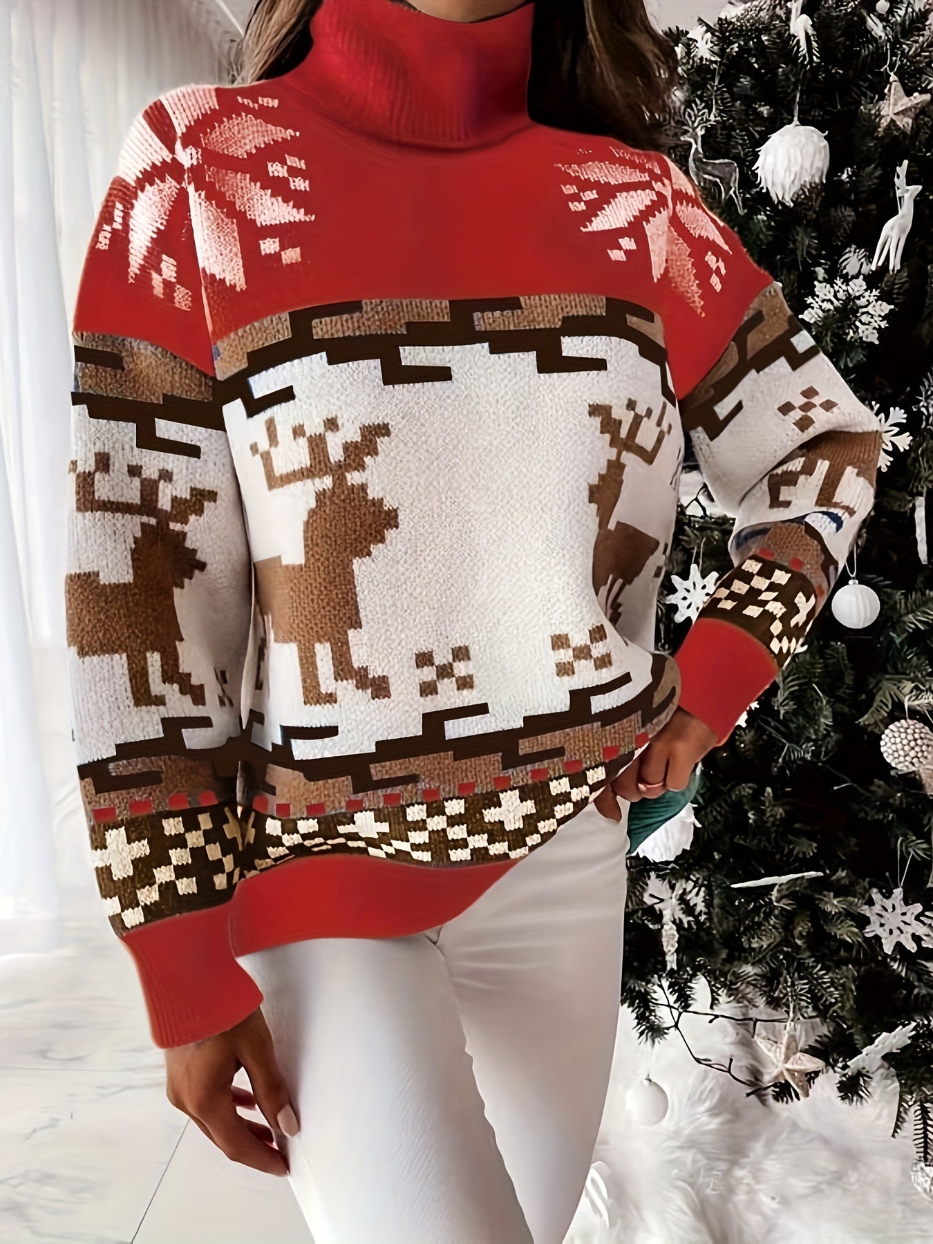  Christmas Casual Sweater Women's Plus Colorblock Graphic Print