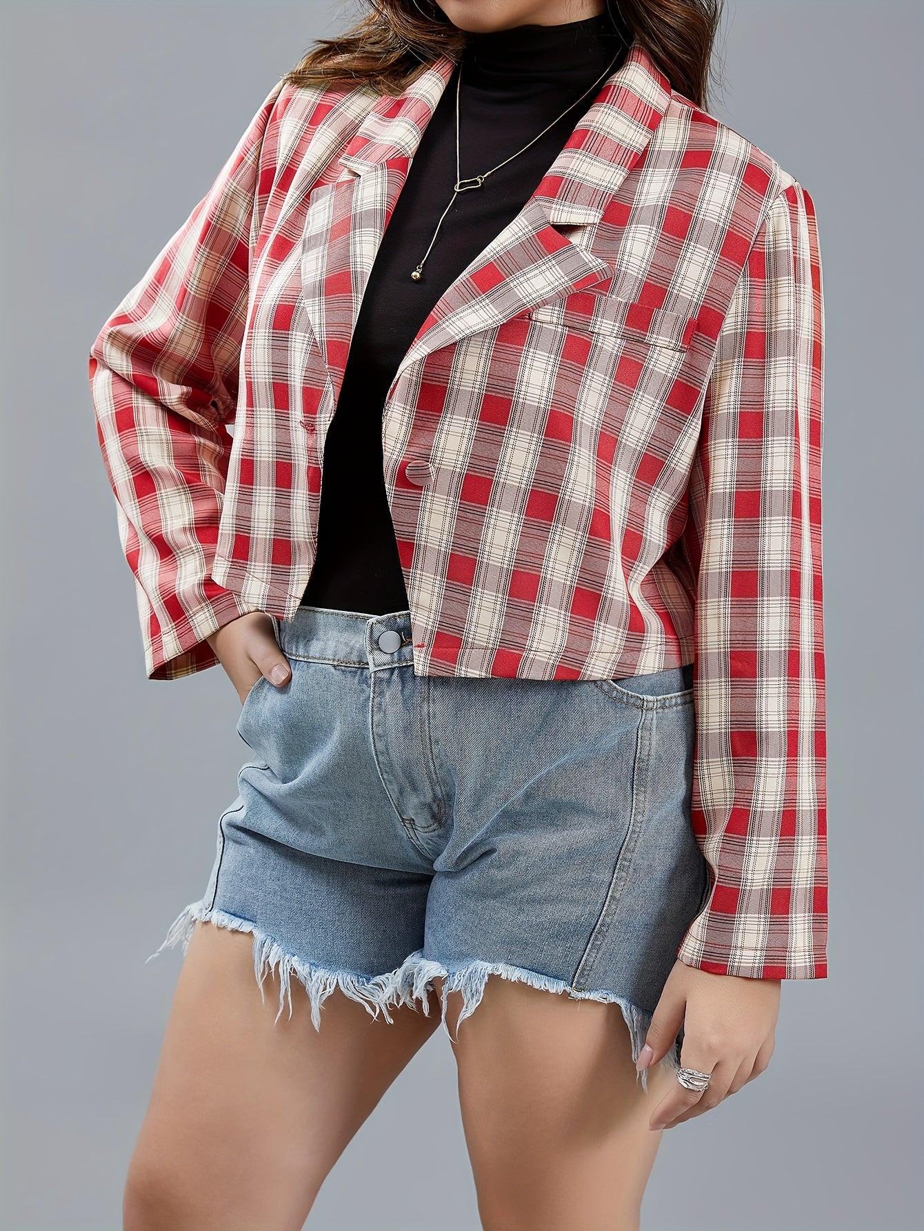  Casual Blazer Women's Plus Plaid Print Long Sleeve Lapel Collar Blazer
