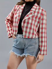  Casual Blazer Women's Plus Plaid Print Long Sleeve Lapel Collar Blazer