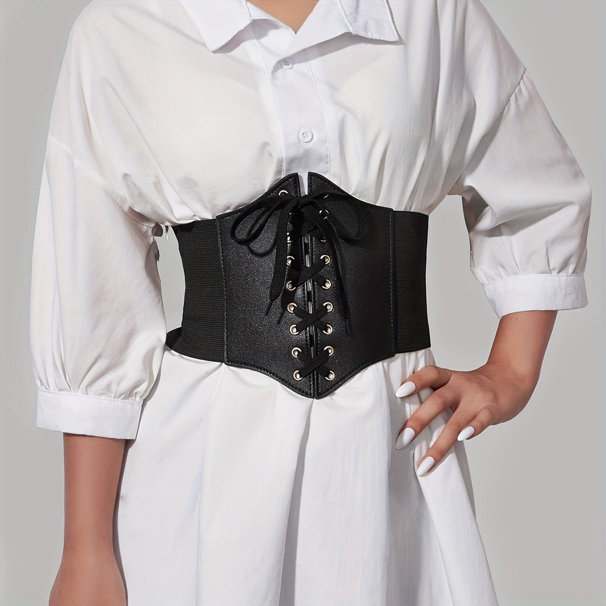 Gothic Lace Up Wide PU Belt Punk Bowknot Elastic Corset Waspie Belt