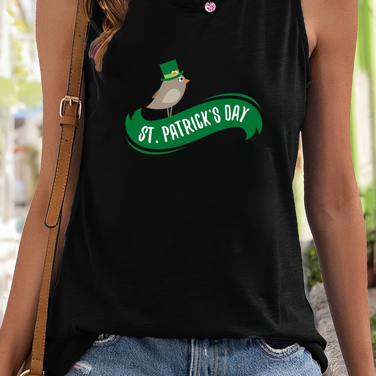 Bird & Letter Print Sleeveless Sports Vest Round Neck Stretchy Casual Top
