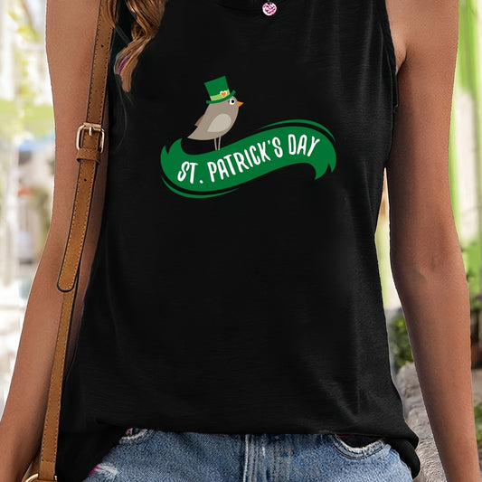 Bird & Letter Print Sleeveless Sports Vest Round Neck Stretchy Casual Top