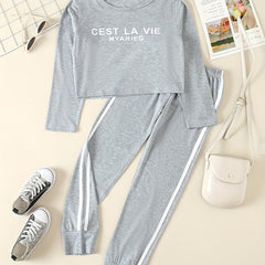 Girls CEST LA VIE 2pc Active Wear Set Crew Neck Top jogger Pants Set