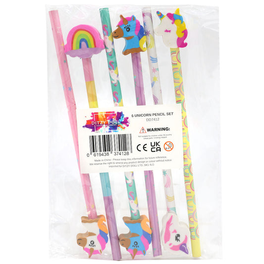 Unicorn Pencils & Erasers 6 Pack Assorted Stationery Set for Kids