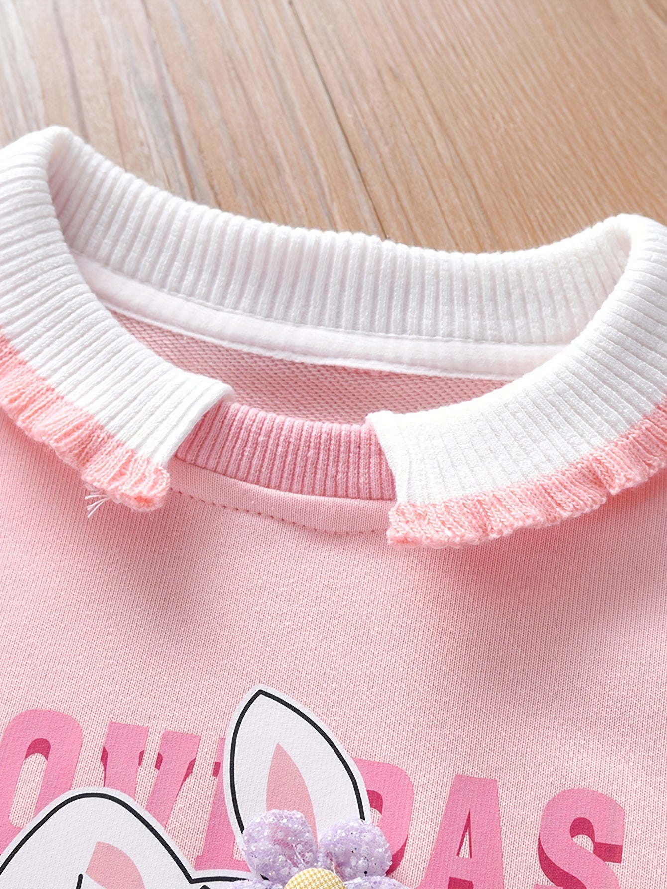 Flower & Bunny Graphic Sweatshirt Top Girls Collared Neck Pullover