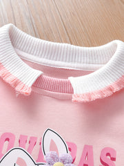 Flower & Bunny Graphic Sweatshirt Top Girls Collared Neck Pullover