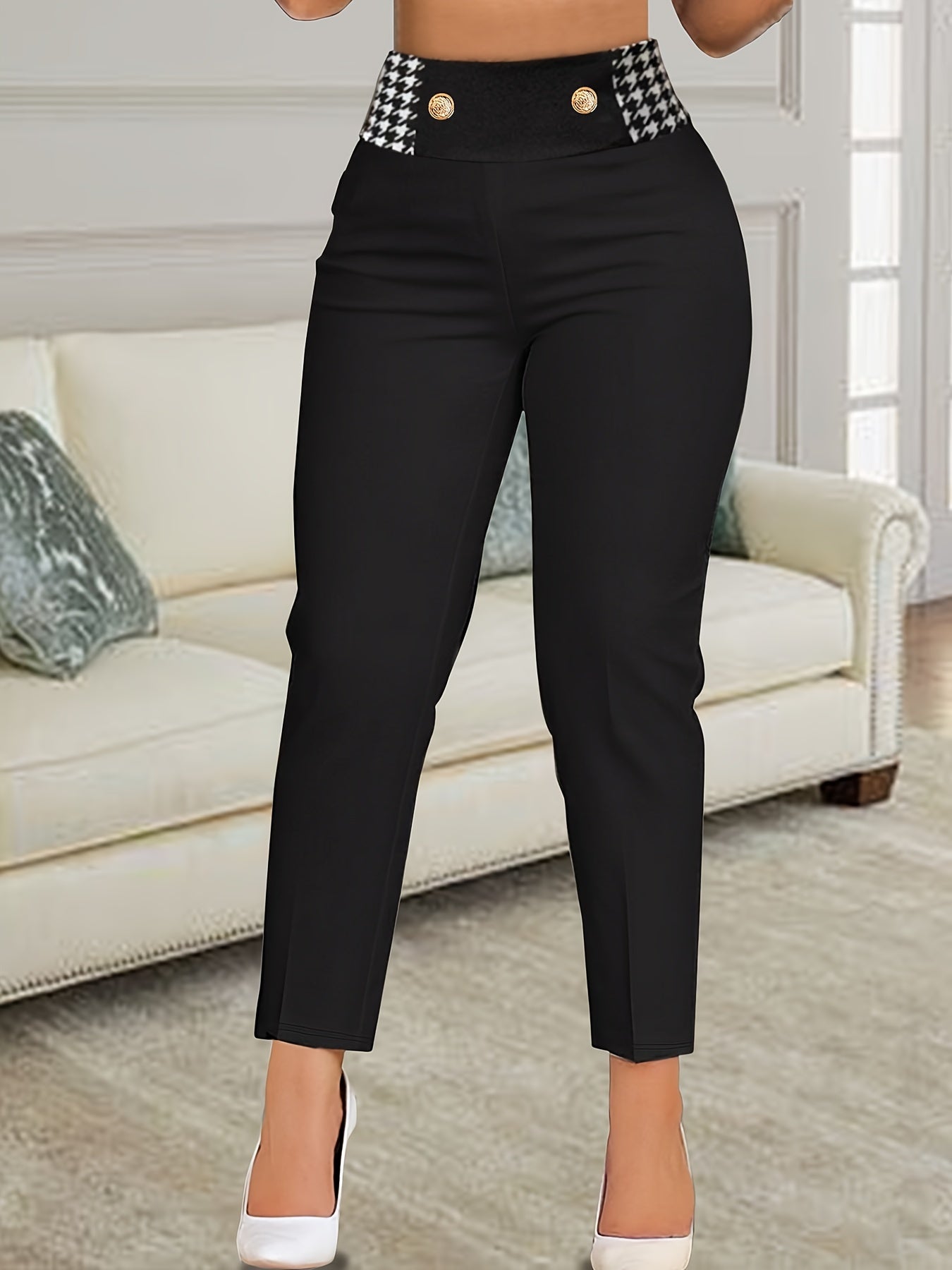 Colorblock Plaid Print High Rise Trousers