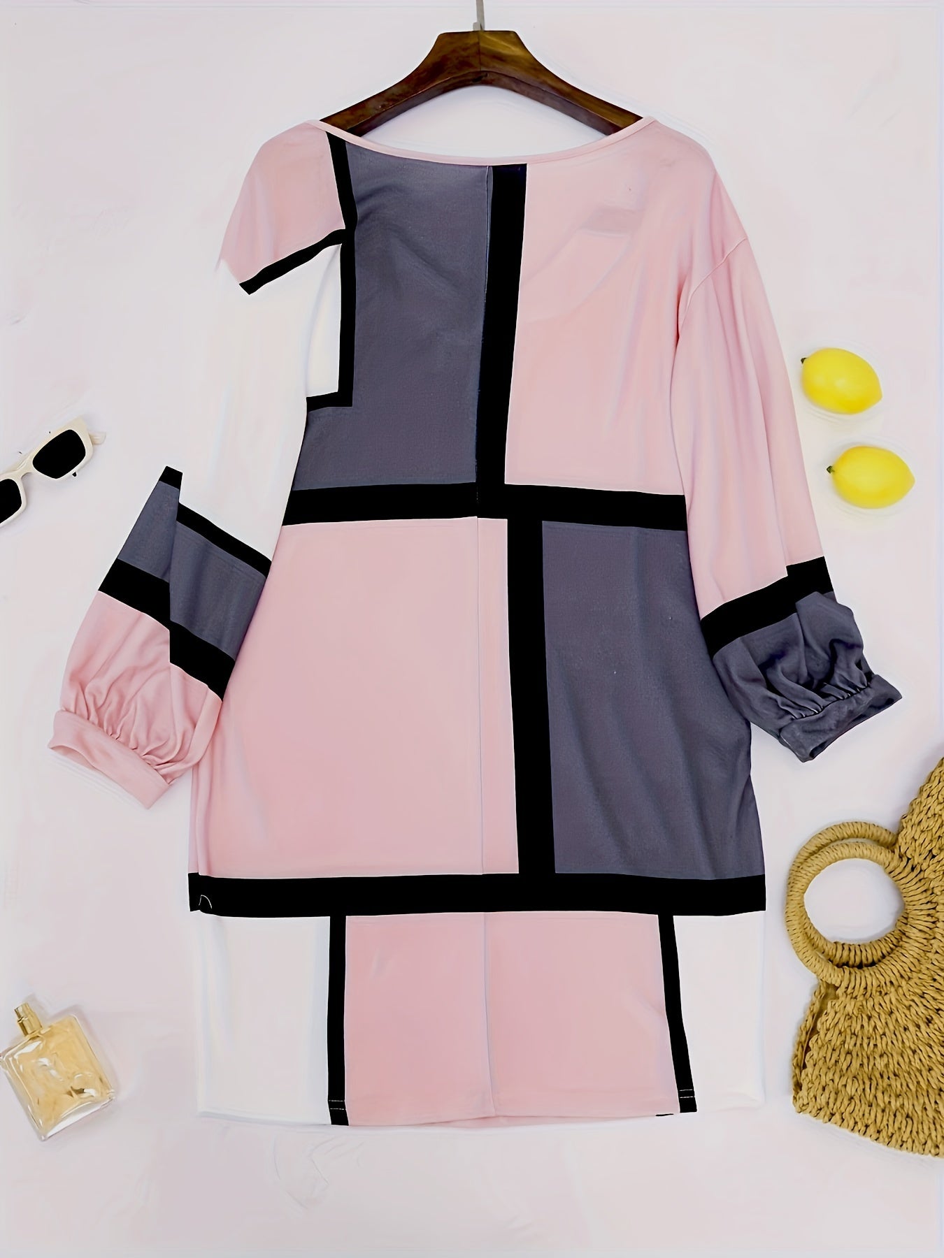  Colorblock Long Sleeve V Neck Mini Dress
