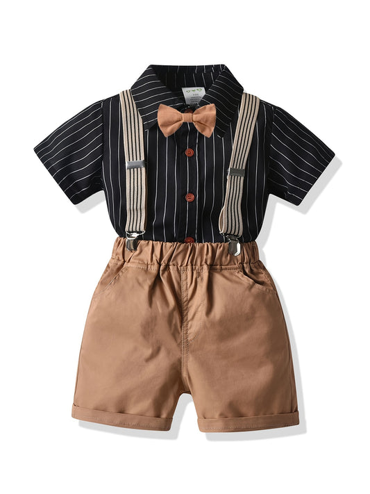 Boys Gentle Outfit Set: Striped Shirt & Suspender Shorts