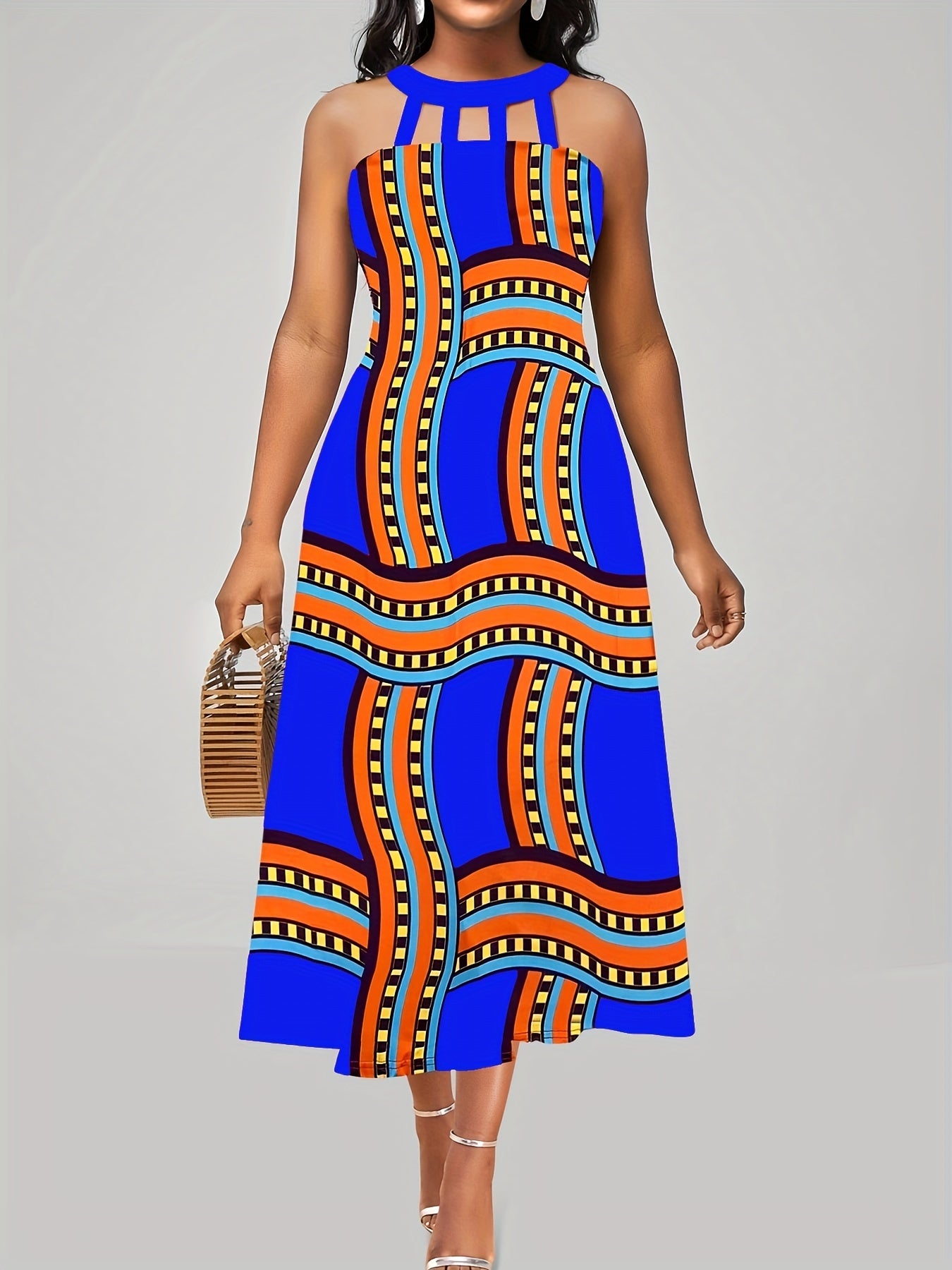  Graphic Print Cut Out Halter Neck Midi Tank Dress